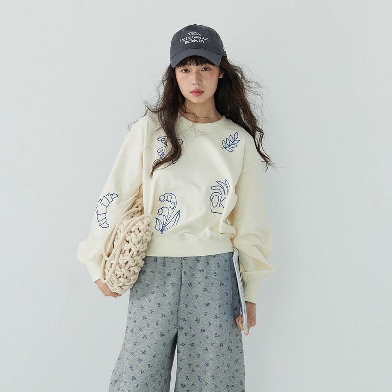 圓領繡花衛衣|上衣|外套|兩色|春款|Sora-1753 - 女上衣/長袖上衣 - 棉．麻 多色