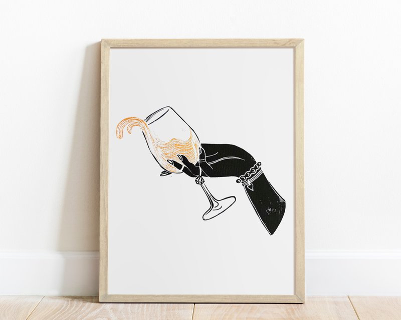Linocut print Black woman hand with glass of white wine wall art Bar decor - 海報/掛畫/掛布 - 紙 黑色