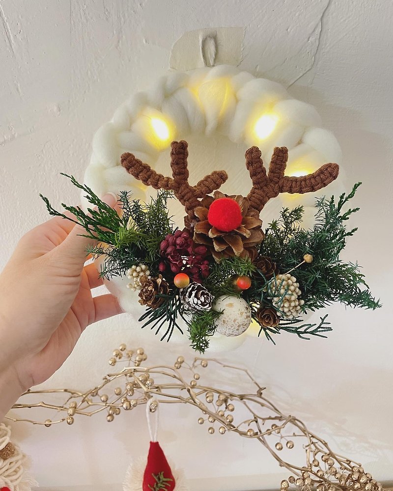聖誕花圈/棉花糖松果麋鹿小花圈/交換禮物
