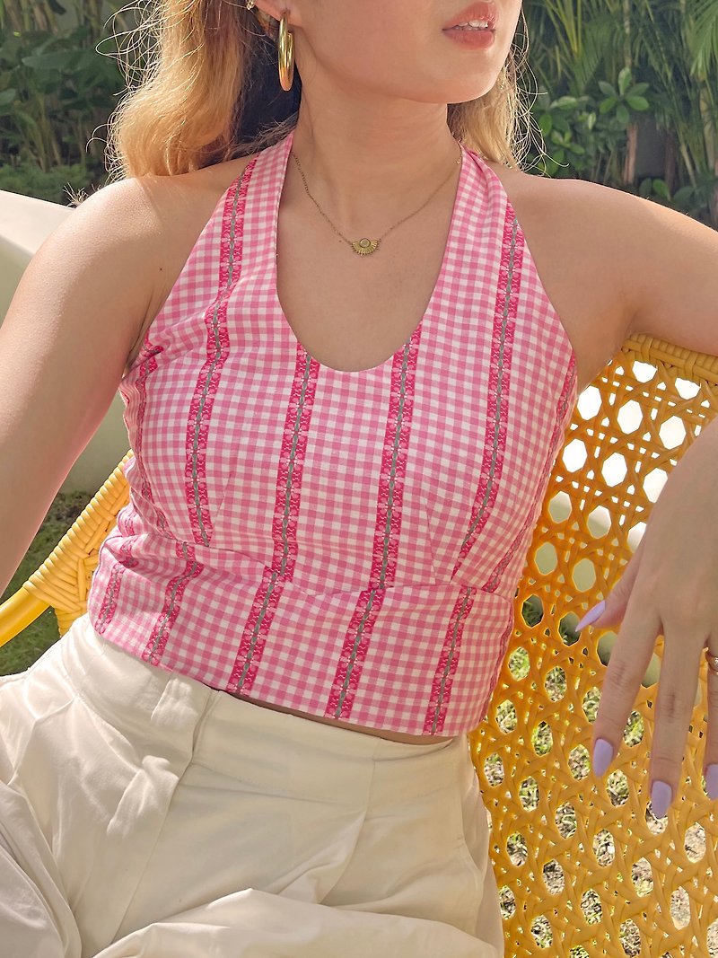1980s Olivia Halter Top - 女上衣/長袖上衣 - 棉．麻 粉紅色