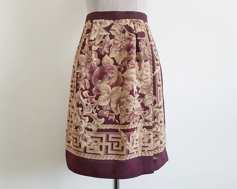 25 Waist Vintage Brown Floral Wrap Skirt Womens Baroque Print Skirt XS - 裙子/長裙 - 聚酯纖維 咖啡色
