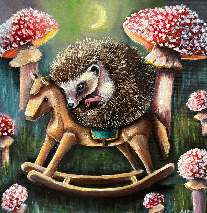 Original canvas painting Hedgehog, Forest art, Hedgehog wall art Woodland animal - 壁貼/牆壁裝飾 - 棉．麻 多色