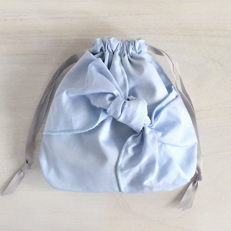 Sherbet color knot ribbon purse string blue - กระเป๋าเครื่องสำอาง - ผ้าฝ้าย/ผ้าลินิน สีน้ำเงิน