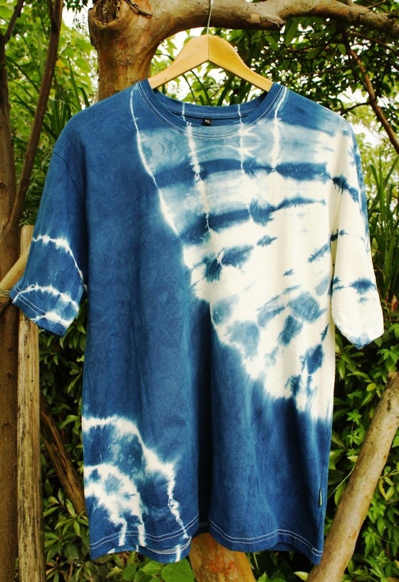 有機棉 植物手染 (木藍染) - 女 T 恤 - 棉．麻 藍色