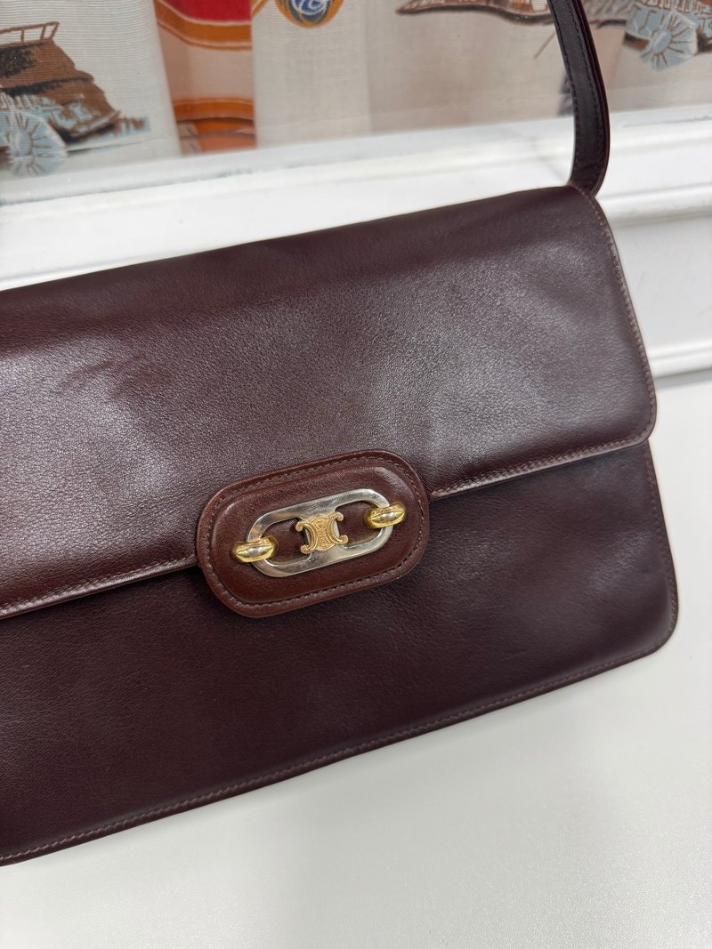 中古正品 Celine 凱旋門扣 單肩包 斜背包 風琴包 獨一無二 禮物 - 側背包/斜背包 - 真皮 咖啡色