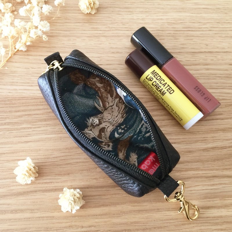 Leather Lipstick case Coin case with Japanese Tradition Pattern, Kimono - dragon - Keychains - Genuine Leather Black