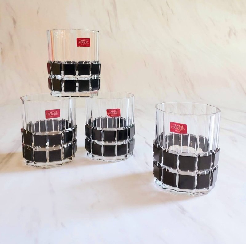 1970's old French transparent black two-color geometric square 12-sided crystal glass whiskey glass - แก้วไวน์ - แก้ว สีใส