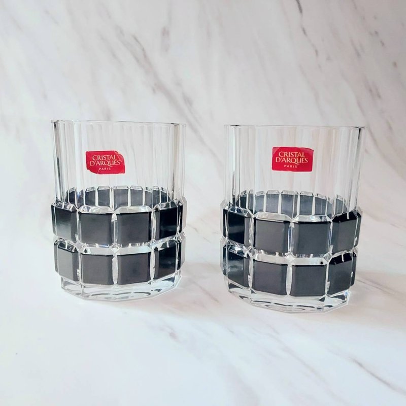 1970's 老法國 透明黑 雙色幾何方塊 12邊型水晶玻璃威士忌酒杯 - 酒杯/酒器 - 玻璃 透明