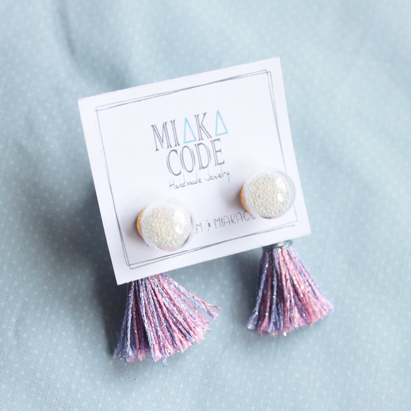 10mm Glass bubble earrings/ear-clips with mixed colour tassels (Lilac) - ต่างหู - แก้ว หลากหลายสี