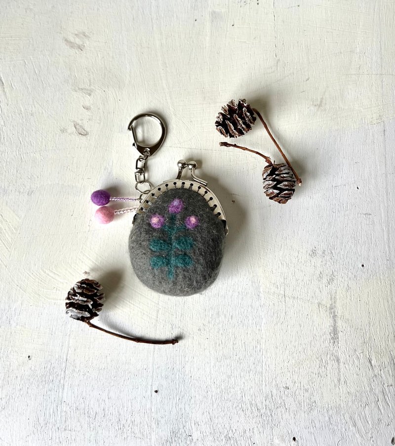 花の羊毛刺繍ミニミニがま口ーグレー - 零錢包/小錢包 - 羊毛 灰色