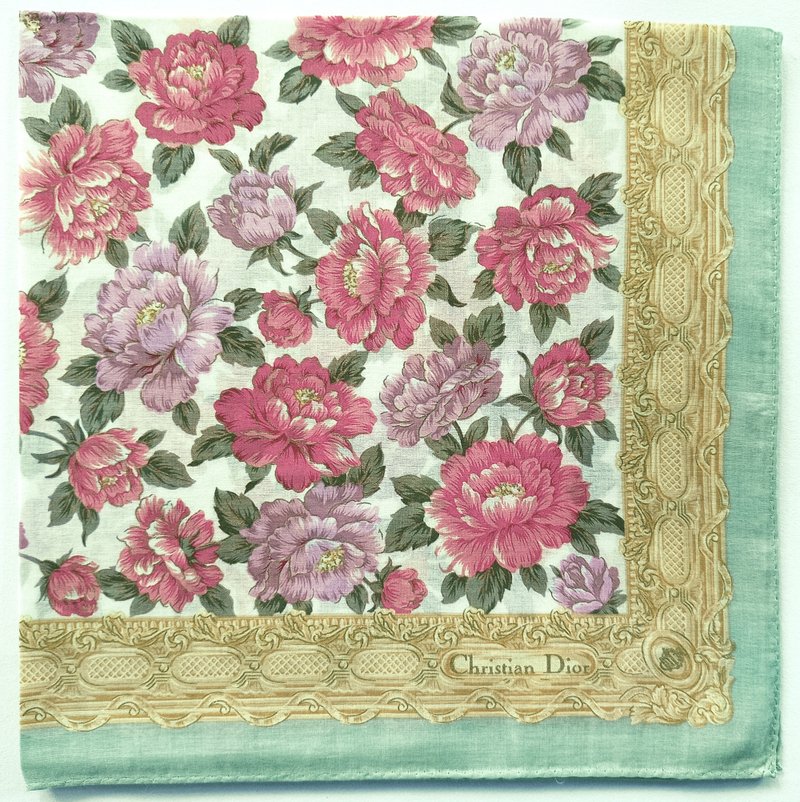 Christian Dior Vintage Peony Floral Handkerchief – French Classic 19 x 19 inches - 手帕 - 棉．麻 金色