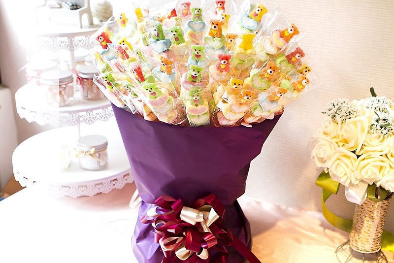 Extractable bouquet-QQ gummy bear + love marshmallow string X100 + bouquet bottom basket (purple) X1 - ขนมคบเคี้ยว - อาหารสด หลากหลายสี