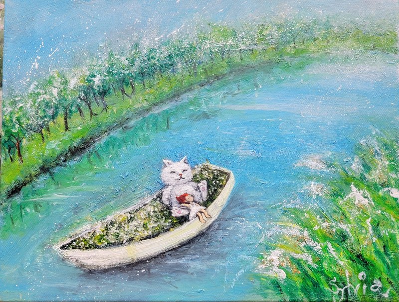 Oil painting: A small boat wandering on a big river - โปสเตอร์ - ผ้าฝ้าย/ผ้าลินิน 