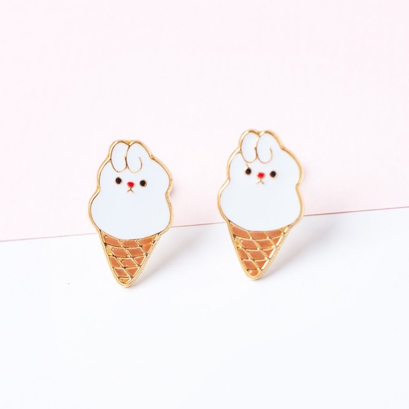 捲耳兔子 霜淇淋 ice cream for rabbit lover 耳環 耳夾 - 耳環/耳夾/耳骨夾 - 銅/黃銅 白色