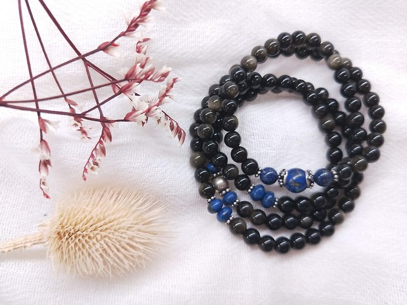 [108 rosary series] obsidian*lapis lazuli*sterling silver beads rosary multi-circle bracelet - Bracelets - Crystal Black