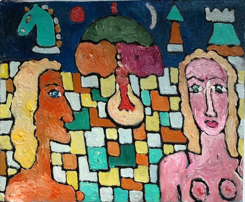 Man and Woman Playing Chess, Surrealistic Oil Painting, Wall Art, Home Decor - 壁貼/牆壁裝飾 - 棉．麻 多色