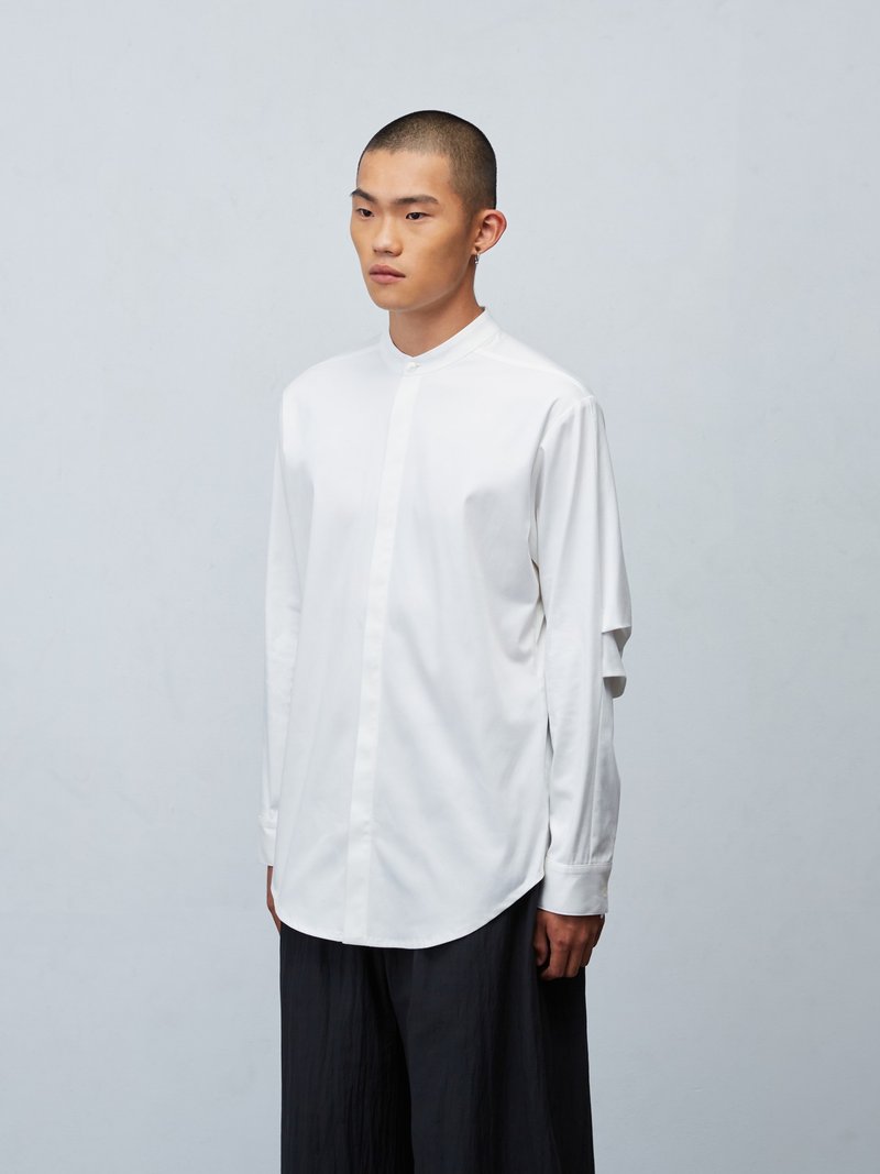 小高領打褶袖襯衫 - 男裝恤衫 - 棉．麻 白色