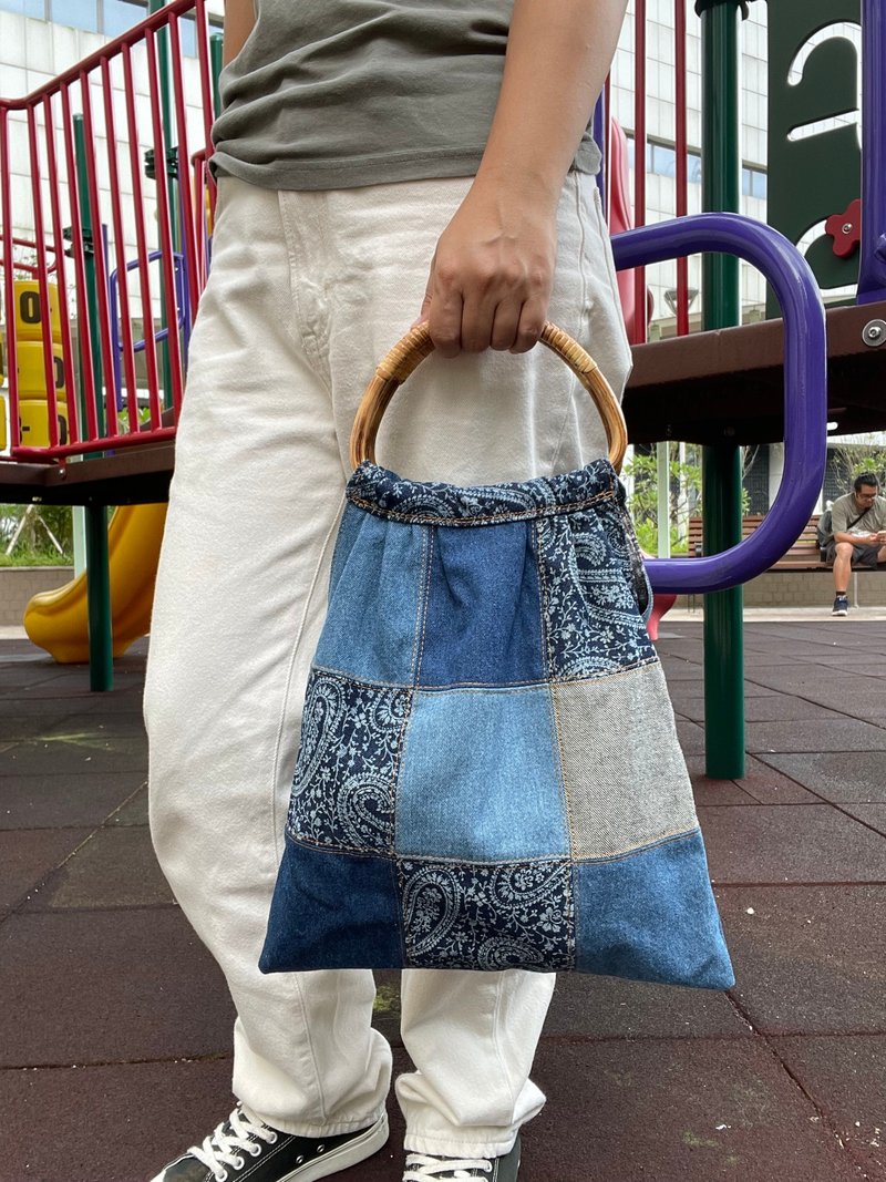 Denim Patchwork Semi-circular Rattan Bracelet Grandma Bag - Handbags & Totes - Cotton & Hemp Blue