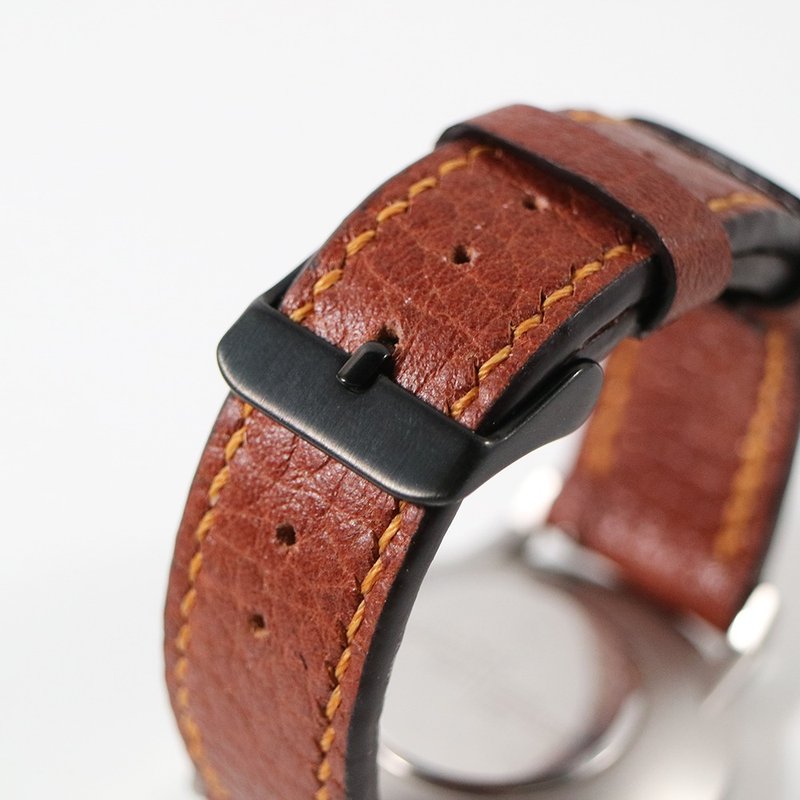 Handmade first layer chrome tanned leather strap 20mm - pebbled reddish brown + caramel colored thread - สายนาฬิกา - หนังแท้ สีนำ้ตาล