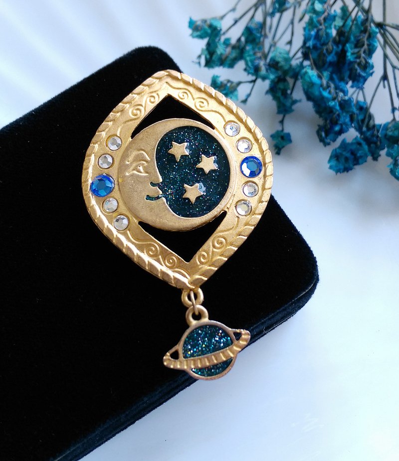【美國西洋古董飾品】NEWPRO 星月 啞光 別針 胸針 - 徽章/別針 - 其他金屬 金色
