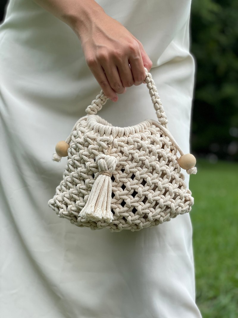 Bohemian Macrame woven drawstring bag/crossbody bag/shoulder bag/clutch/drawstring bag - Drawstring Bags - Cotton & Hemp White