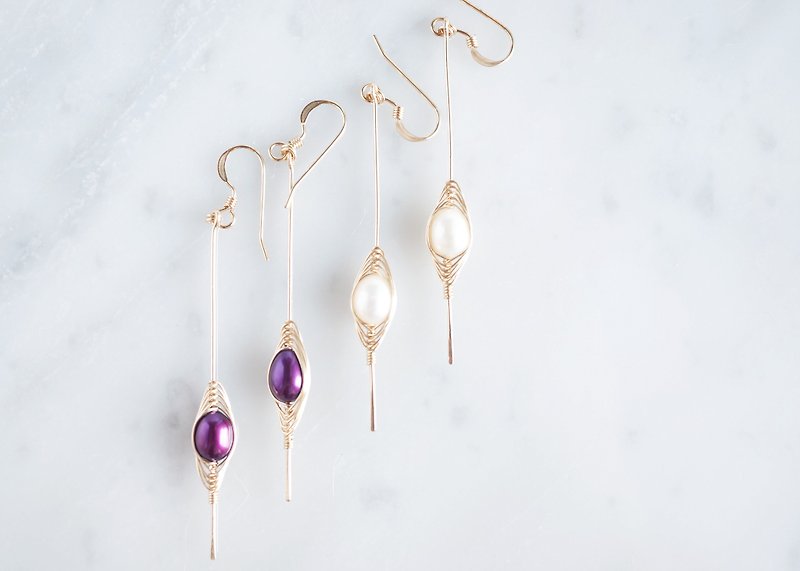 [Tsubomi] 14KGF Earrings-B- "White Pearl" - Earrings & Clip-ons - Gemstone Purple