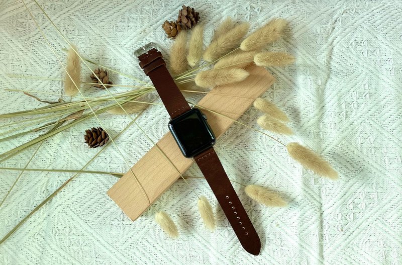 Timeless Single Layer Leather Dark Brown Hand Stitched Apple Watch Strap 42mm 44mm - Watchbands - Genuine Leather Brown