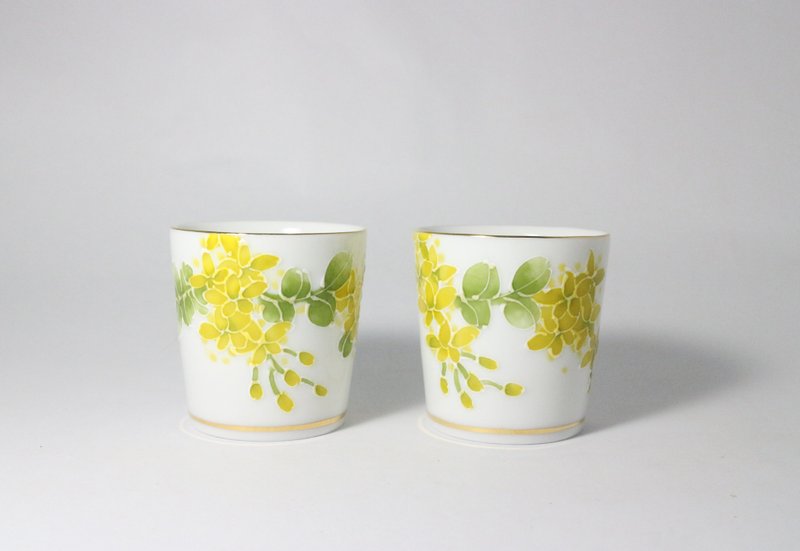 Pure hand-painted tea cups-golden rain pair of cups - Teapots & Teacups - Porcelain Yellow