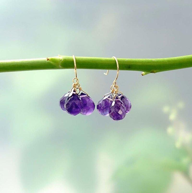 K18 Amethyst Drop Bunch Earrings or Clip-On Natural Stone Beautiful Purple - Earrings & Clip-ons - Other Metals Purple