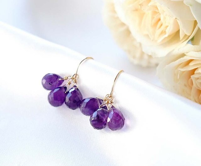 K18 Amethyst Drop Bunch Earrings or Clip-On Natural Stone