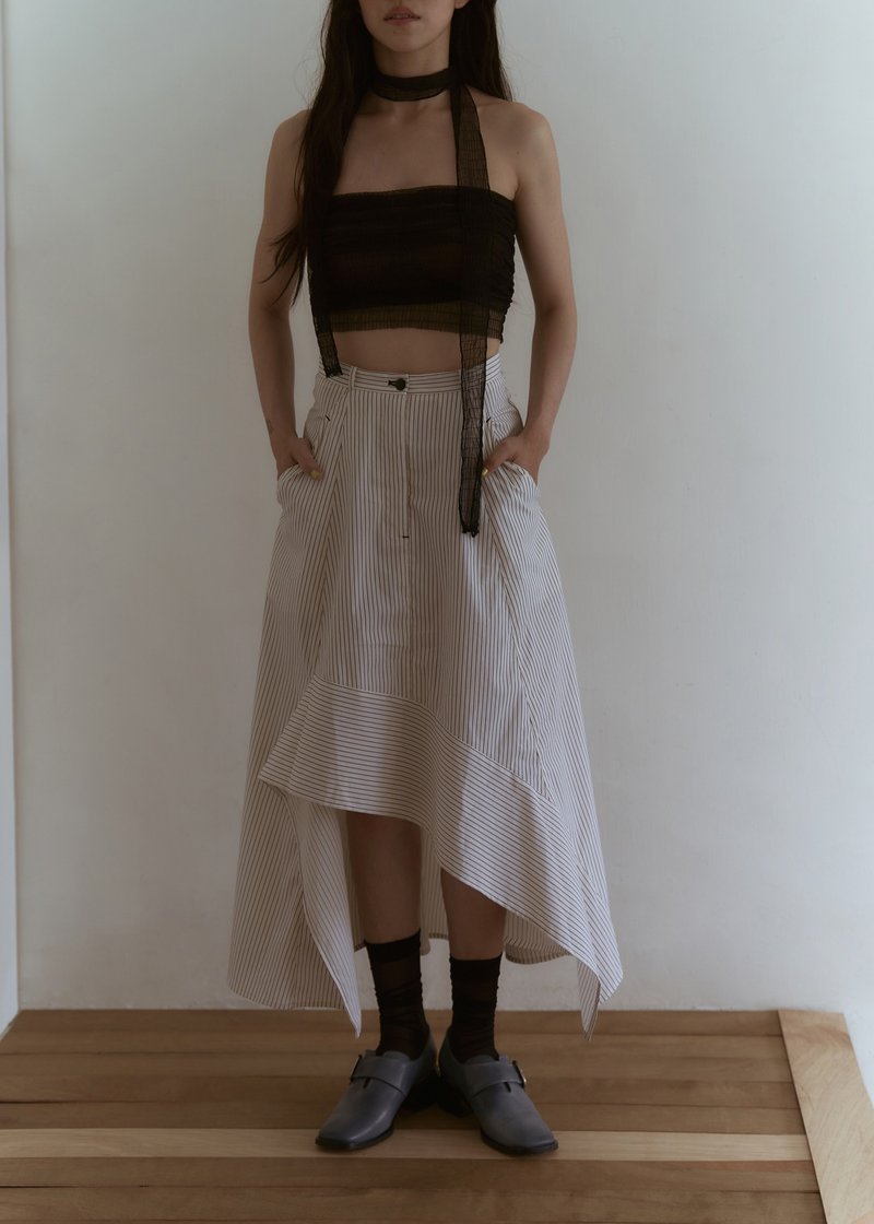 Asymmetrical panel skirt/white & black stripes - Skirts - Cotton & Hemp White