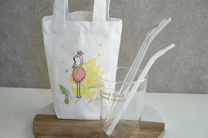 Eco-Friendly Carry On Canvas Bag x Glass Curved Straw (2 pcs) - ถุงใส่กระติกนำ้ - ผ้าฝ้าย/ผ้าลินิน ขาว