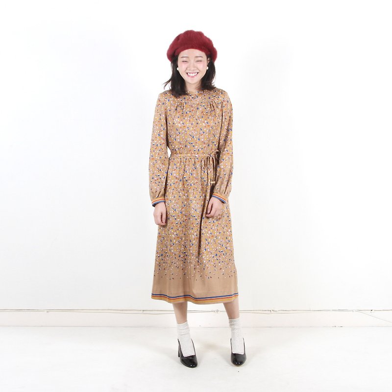 Vintage】 【egg plant iridescent sugar grain printing vintage dress - One Piece Dresses - Polyester Orange