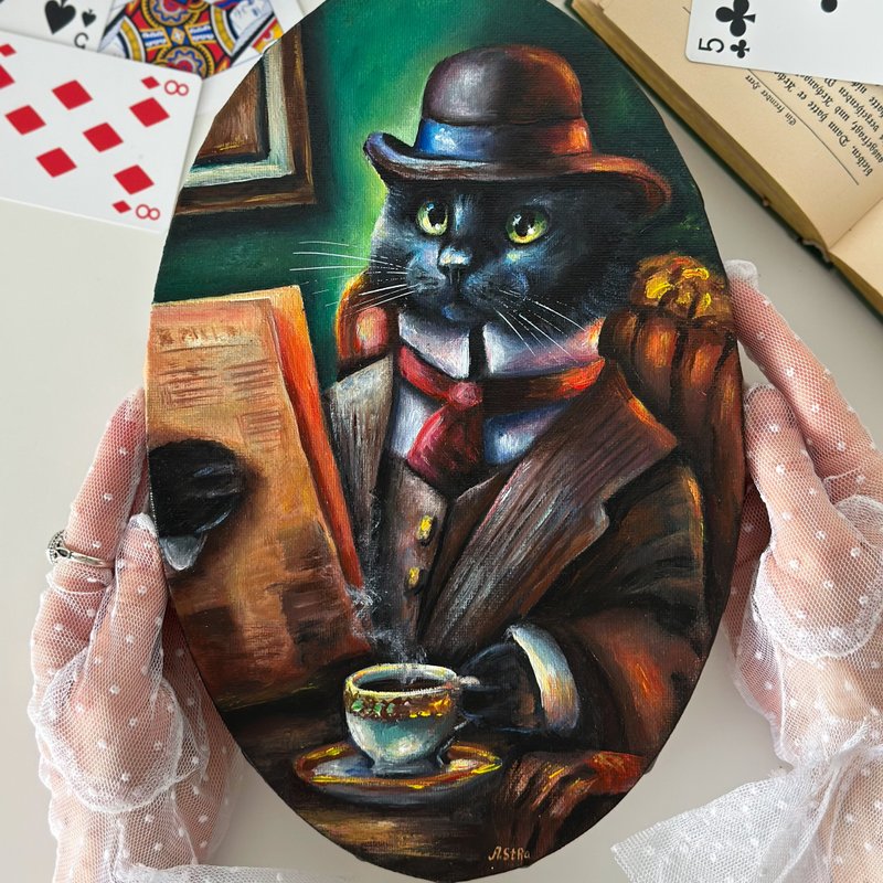 Original canvas painting Black Cat, Cat wall art, Pet portrait, Animal painting - 壁貼/牆壁裝飾 - 棉．麻 多色