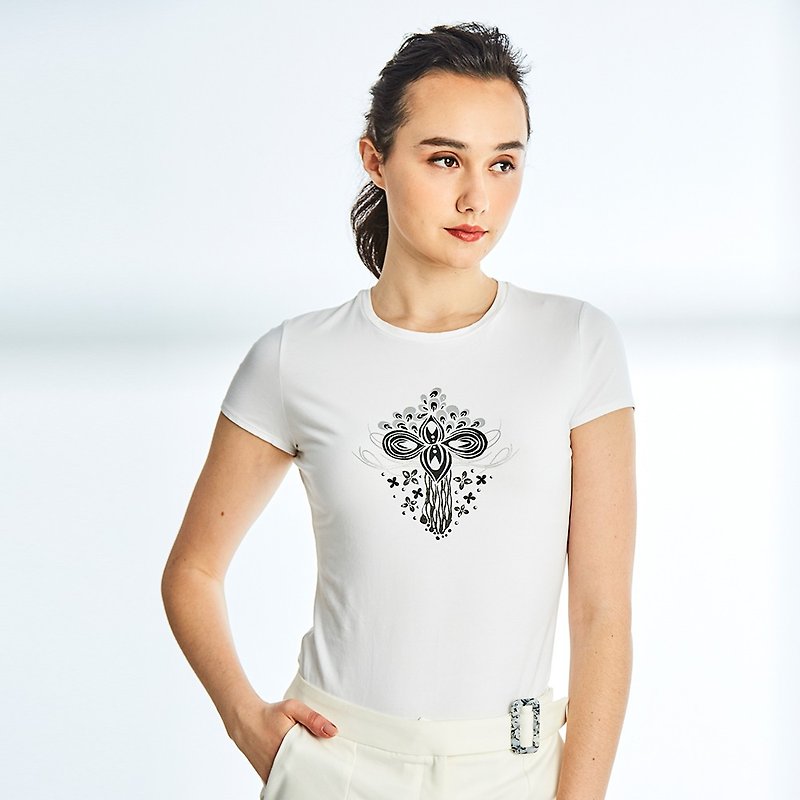Two-color cross totem cotton T-shirt white*T-shirt casual and versatile* - เสื้อยืดผู้หญิง - ผ้าฝ้าย/ผ้าลินิน ขาว