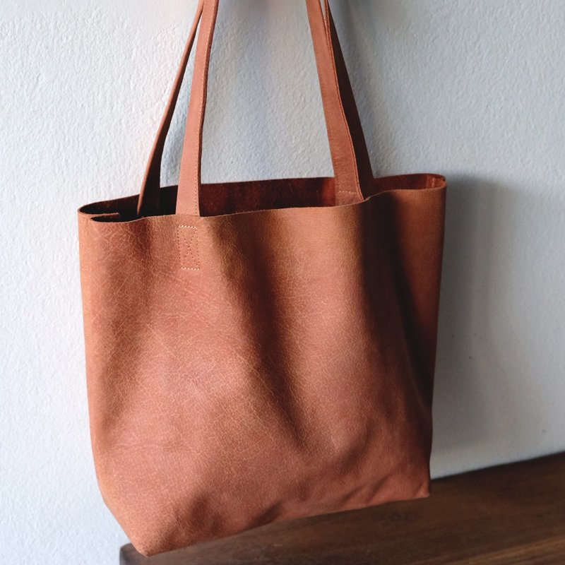 Classic Raw Tan Leather Tote Bag - 側背包/斜背包 - 真皮 咖啡色