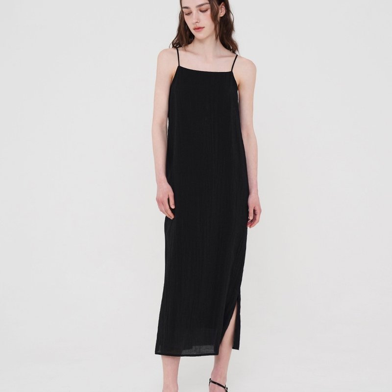 Korea sisterhood, Wrinkle slip long dress - Black - 洋裝/連身裙 - 其他材質 黑色