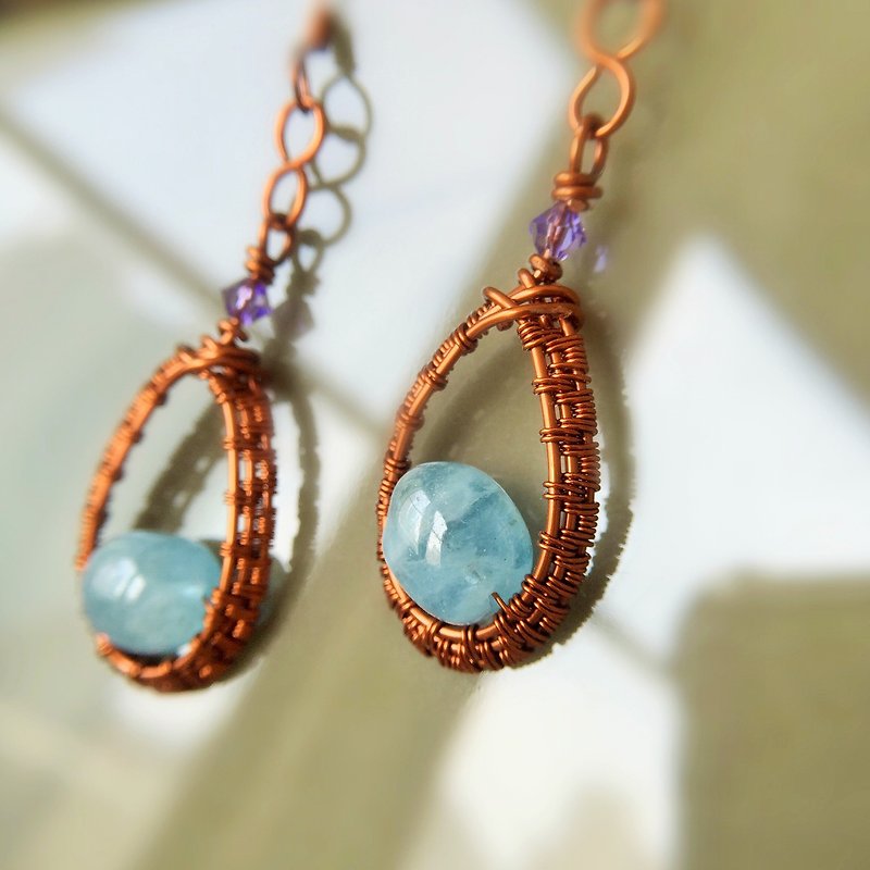 手編藏品系列 復古華麗  海水藍寶 耳環 - 耳環/耳夾 - 銅/黃銅 咖啡色