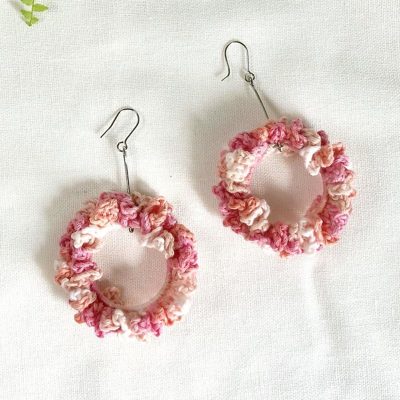 Crochet _ Wreath Dangle Earrings _ Peach Tangerine - Earrings & Clip-ons - Cotton & Hemp Orange