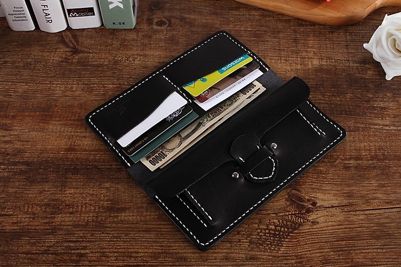 [Cutting line] Italian vegetable tanned leather handmade genuine leather lady wallet long clip 002 black - Wallets - Paper Black