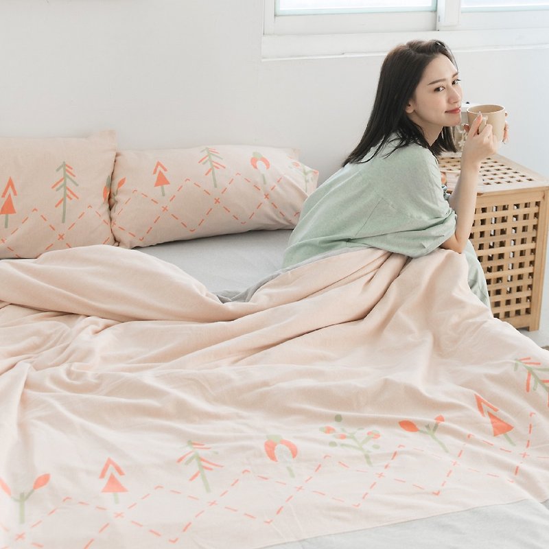 (單人尺寸)天然MIT有機棉針織小樹寢具組-粉橘/麻花灰∣三件組 - 寢具/床單/被套 - 棉．麻 粉紅色