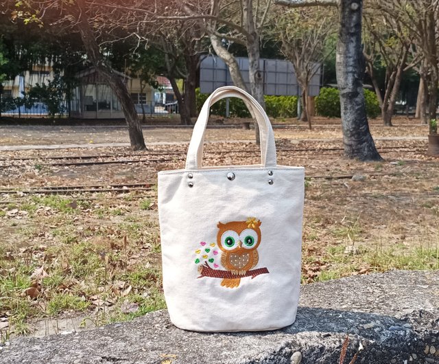 フクロウ刺繍入りスモールトートバッグ 胎生布バッグ トート