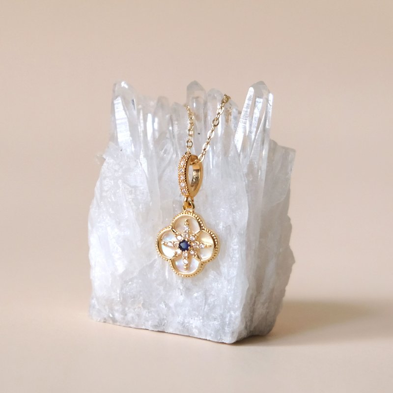 ALYSSA & JAMES four-leaf clover mother-of-pearl blue Stone sterling silver necklace N148 - สร้อยคอ - เปลือกหอย สีทอง