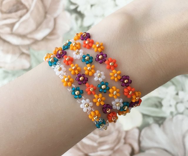 Beaded Daisy Flower Bracelet (rainbow - blue, red, orange, yellow, aqua,  gold)