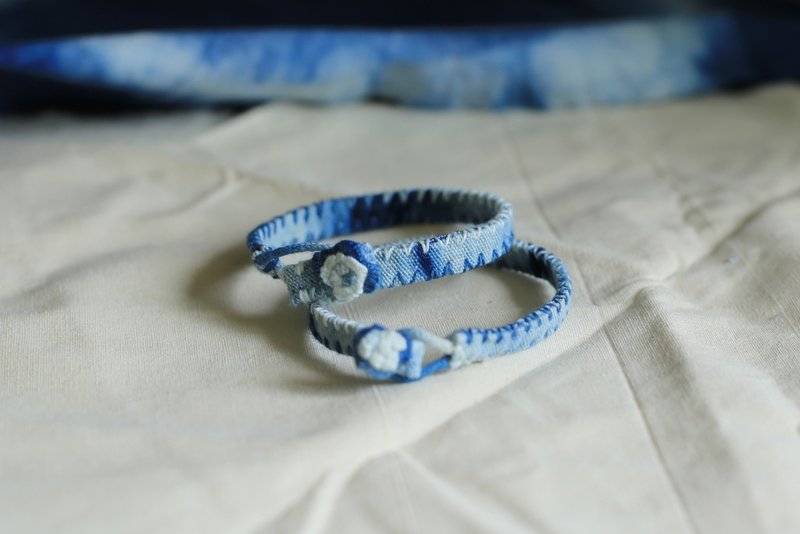 Spring and Autumn Hand Sewing | Vegetable Dyed Tie Dye Indigo | Fully Hand Sewn Single Loop Bracelet | Double Seam Hems - Bracelets - Cotton & Hemp Blue