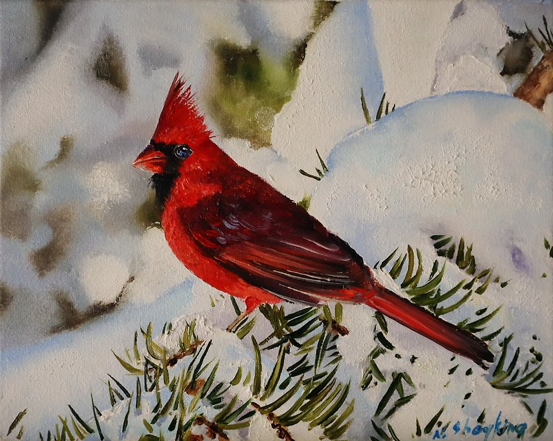 Original Cardinal Bird Painting Oil Canvas, Winter Birds - Items for Display - Other Materials Green