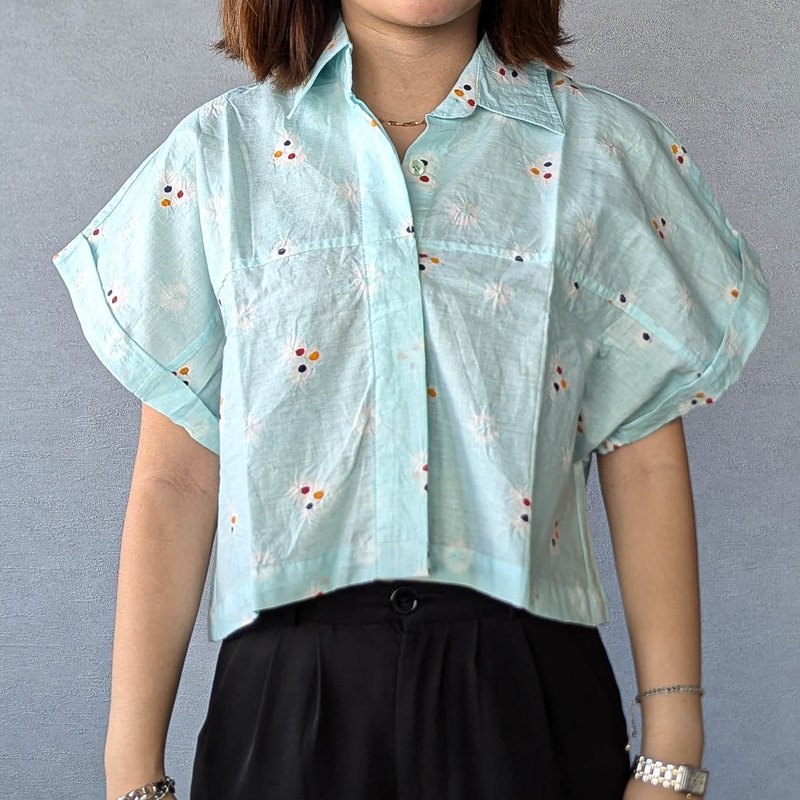 PUPUT Batik Pattern Crop Top - Aqua Blue - PUP004 - Women's Tops - Cotton & Hemp Blue