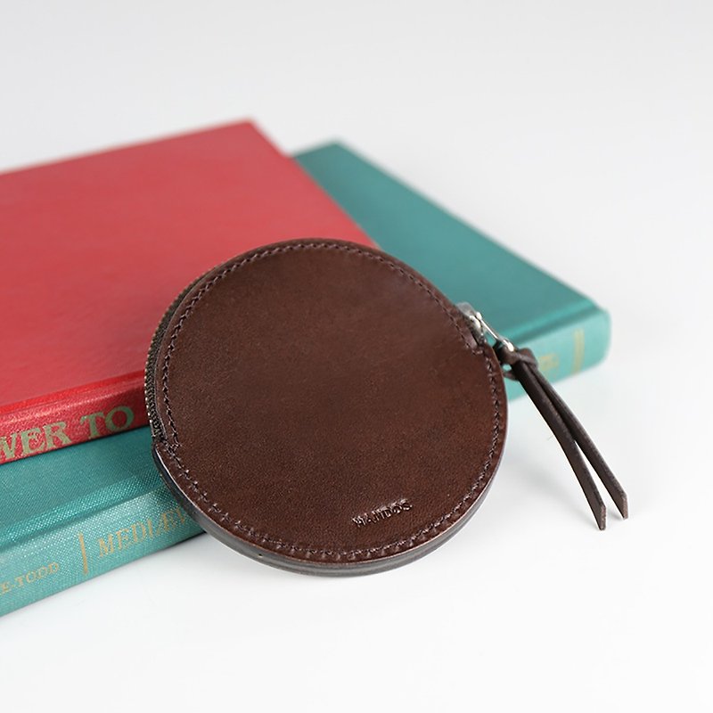 Vintage Rustic Cowhide Round Coin Purse-Coffee - กระเป๋าใส่เหรียญ - หนังแท้ สีนำ้ตาล