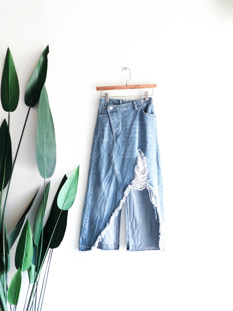 淺藍天空雲朵抽鬚春季時光 古董棉質牛仔單寧傘狀A字裙 dress - 裙子/長裙 - 棉．麻 藍色