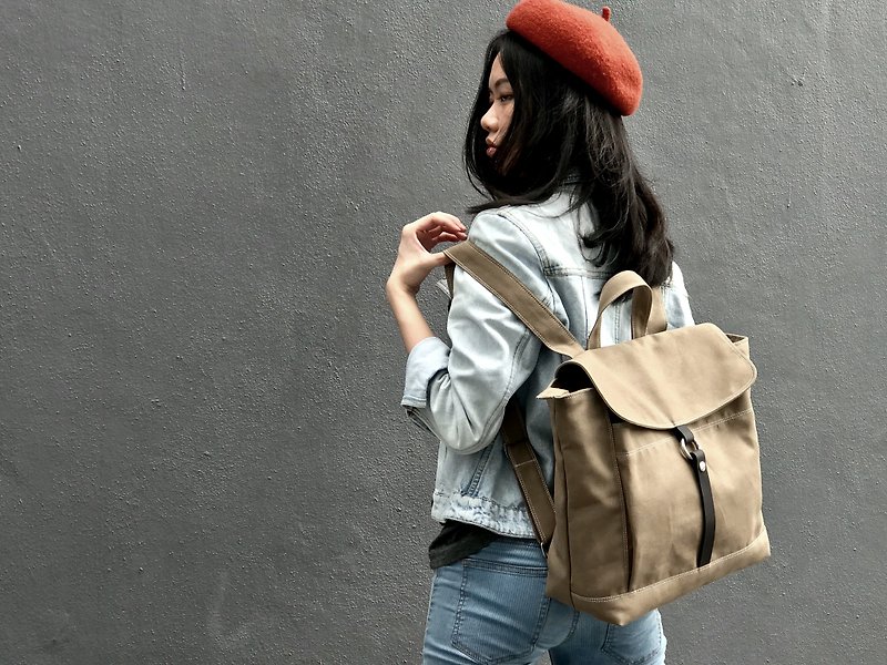 Travel canvas backpack  Leather School backpack Tanya in Cappuccino (no.102) - Backpacks - Cotton & Hemp 